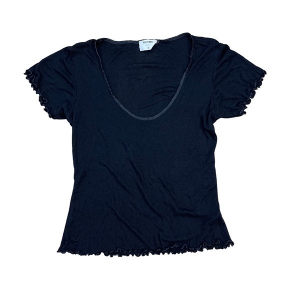 RE/DONE • Ribbed Ribbon Trim Lettuce Edge Baby Cropped Short Sleeve Tee Black M